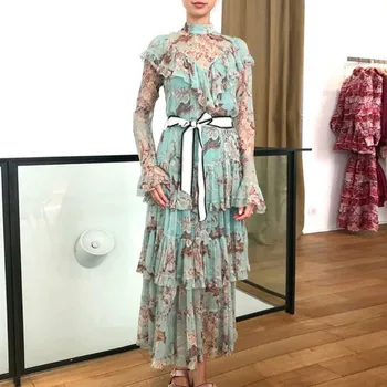 Nauja Rudens Derliaus Domino Pynimas Suknelė Moteris blyksnius rankovės O-kaklo gėlių spausdinti kilimo ir tūpimo tako vestido Ilga suknelė moterų 2020 m.