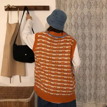 Moterų Megztinis Marškinėliai V-kaklo, Rankovių Retro Geometrinis Megzti Žakardo Negabaritinių Laisvalaikio Kolegijos Side-plyšio Ulzzang Pora Outwear