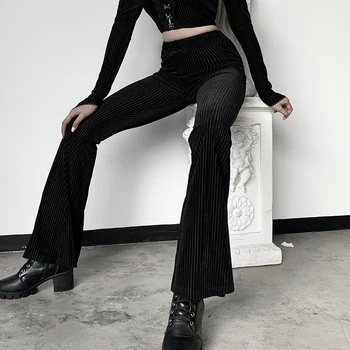 InsDoit Gotikos Drabužių Derliaus Kelnės Moterims, Juodos Dryžuotos Kelnės Streetwear Pavasario Harajuku Estetinės Aukšto Juosmens Flare Kelnės