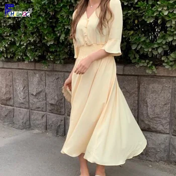Moterų V-Kaklo Vasaros Suknelės Šifono Rankovėmis Varpo Plonas Juosmens Linijos Korėjos Stiliaus Drabužių Dizainas Mygtuką Marškinėliai Suknelė Violetinė Geltona