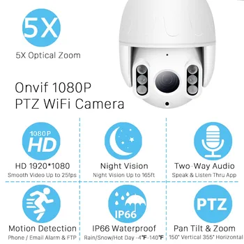 1080P MINI PTZ WIFI IP Kameros 1080P 5X ZOOM Lauko Dome Belaidžio Onvif IP Kamera 2.0 MP infraraudonųjų SPINDULIŲ Naktinis Matymas 50m Namų Apsaugos Kamera,