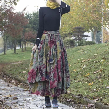 Bohemijos etninės stiliaus mados Spausdinti Ilgas Sijonas Moterims Super ruožas juosmeniu Ponios Aukšto Juosmens Sudurti Medvilnės skalbiniai-line Sijonas