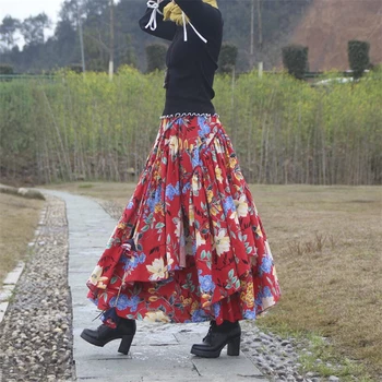 Bohemijos etninės stiliaus mados Spausdinti Ilgas Sijonas Moterims Super ruožas juosmeniu Ponios Aukšto Juosmens Sudurti Medvilnės skalbiniai-line Sijonas