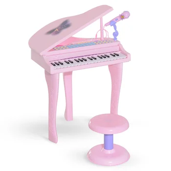 HOMCOM Fortepijonas Infantil 37 Teclas Teclado Electronico Juego de Piano con Microfono Taburete Luces y 22 Canciones USB/MP3 Rosa