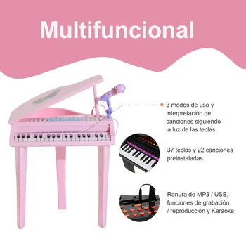 HOMCOM Fortepijonas Infantil 37 Teclas Teclado Electronico Juego de Piano con Microfono Taburete Luces y 22 Canciones USB/MP3 Rosa
