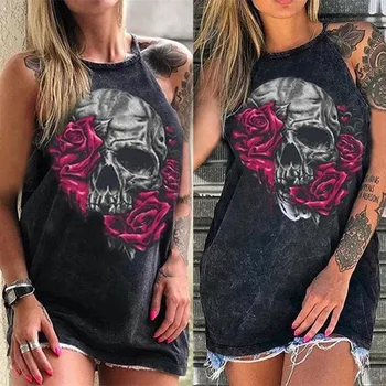 Vasaros Mados Rose Atspausdintas T-shirt Moterims, O-Kaklo Kaukolės Viršuje Atsitiktinis Berankoviai marškinėliai