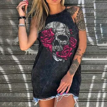 Vasaros Mados Rose Atspausdintas T-shirt Moterims, O-Kaklo Kaukolės Viršuje Atsitiktinis Berankoviai marškinėliai