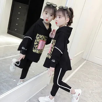 Korėjos Vaikų Drabužius Pavasario Rudens Vaikai Komplektus Mados Megztiniai su Gobtuvu + Juodos Kelnės Paauglių Mergaičių Drabužių Set 10 12Y