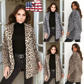 2018 m., visiškai Nauja, Moterų Ilgas Megztinis Kailis Naujas Mados ilgomis Rankovėmis Megztinis Outwear Pilka Striukė, Leopardas spausdinimui Viršūnės