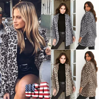 2018 m., visiškai Nauja, Moterų Ilgas Megztinis Kailis Naujas Mados ilgomis Rankovėmis Megztinis Outwear Pilka Striukė, Leopardas spausdinimui Viršūnės