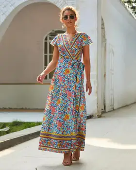2021 Moterų Suknelės, Vasaros Gėlių Spausdinti Ilgos Suknelės V-Kaklo Suknelės, Trumpos Pynimas Rankovės Bohemijos Moterų Laisvalaikio Suknelės