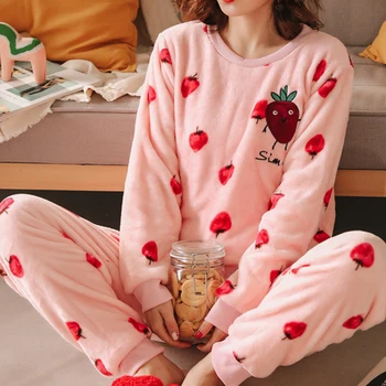 Moterų Pižama Nustatyti Storosios Flanelė Mielas Spausdinti ilgomis Rankovėmis Viršų ir pilnos Kelnės 2 dalių Komplektas Moterų Šiltos Žiemos Sleepwear