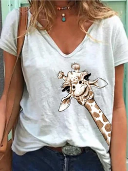 2020 metų Vasaros Medvilnės Marškinėliai Žirafa su Gyvūnų Spausdinti Moterų laisvo Stiliaus Marškinėliai, Moterų trumpomis Rankovėmis Viršuje Tees V-Kaklo marškinėliai