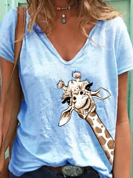 2020 metų Vasaros Medvilnės Marškinėliai Žirafa su Gyvūnų Spausdinti Moterų laisvo Stiliaus Marškinėliai, Moterų trumpomis Rankovėmis Viršuje Tees V-Kaklo marškinėliai
