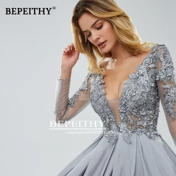 BEPEITHY-Line ilgomis Rankovėmis Vakarą Oficialų Suknelė iki 2020 m., Moterų Sexy Backless Nėrinių Duobute Pilka Promenadzie Suknelė pagal Užsakymą