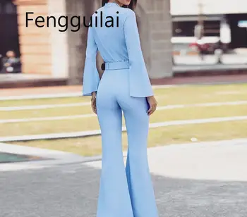 FENGGUILAI 2020 m. Pavasarį Moterys Mados Elegantiška Biuro darbo drabužiai Atsitiktinis Jumpsuits Aukšto Kaklo Bell Rankovės Plačios Kojos Romper Su Diržu