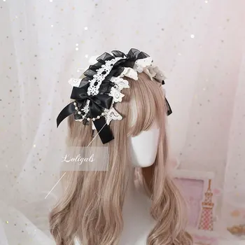 Japonijos Mori Girl Lolita Hairband Saldus Nėrinių galvos apdangalas su Nuimamais Grandinės