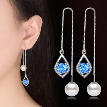NEHZY 925 sterlingas sidabro naujas moterų mados juvelyrikos ausų linijos mėlyna rožinė kristalų cirkonis perlas ilgai kutas tuščiaviduriai retro auskarai