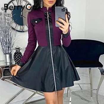 BerryGo Elegantiškas-line moterų office suknelė Atsitiktinis Stovėti apykaklės užtrauktukas, suknelė High street moterų trumpą suknelę rudenį 2020 naujas