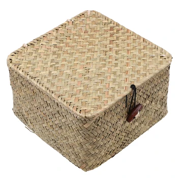 Rotango Laikymo dėžę su Dangčiu, Seagrass Austi Laikymo Krepšelis Rankų darbo Kosmetikos Krepšelį Vytelių Konteinerių Darbalaukio Biuro Dekoras