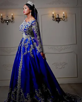 Royal Blue Vestidos De Fiesta Arabų Tradicinių Vestuvių Suknelės Appliqued Ilgomis Rankovėmis Vestuvinės Suknelės Chalatas De Soirée De Mariage