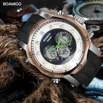 BOAMIGO prekės vyrų sporto laikrodžiai, 2 laiko zonos, skaitmeninis analoginis didelis vyras mada žiūrėti gumos kvarciniai laikrodžiai relogio masculino