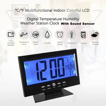 Black LCD Skaitmeninis Stalo Laikrodis Kalendorius Temperatūra Darbastalio Ekrano, Garso Kontrolės Žadintuvas