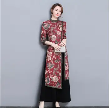 Mados Cheongsam Pločio Kojų Kelnės Kostiumas Moteris Tradicinės Kinų Suknelė Qipao Orientuotis Pavasario