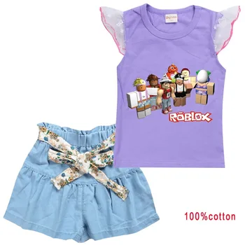 Vaikai ROBLOXing Drabužių Rinkiniai Vasaros Naują Stiliaus Prekės ženklo Kūdikių Mergaičių Drabužius trumpomis Rankovėmis T-Shirt+Ziajać Suknelė 2vnt Vaikų Drabužiai