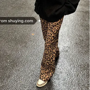 Naujas korėjos leopardas spausdinti pločio kojų kelnės aukštu juosmeniu tiesus vamzdis atsitiktinis palaidų plonas plaušinės šluotos kelnės moterims mados moterų sweatpants