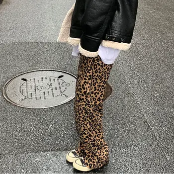 Naujas korėjos leopardas spausdinti pločio kojų kelnės aukštu juosmeniu tiesus vamzdis atsitiktinis palaidų plonas plaušinės šluotos kelnės moterims mados moterų sweatpants