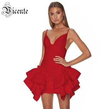 VC Visi Nemokamas Pristatymas 2020 Naujas Prašmatnus Raudonas Slydimo Suknelė Domino Raukiniai Dizaino Sexy V Kaklo Įžymybė Šalies Klubas Tvarstis Mini Suknelė