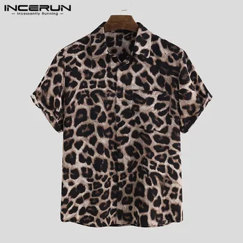 Mados Leopardas Spausdinti Marškinėliai Vyrams trumpomis Rankovėmis Šalies 2021 Atsitiktinis Palaidų Camisa Atvartas Vasaros Mens Havajų Marškinėliai Streetwear INCERUN