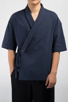 Vyrų Marškinėliai Kimono Japonų Harajuku Shirt Mens Lino Retro Kilmės Streetwear Cardigan Outwear Tradicinė Atvirų Durų Dygsnio Marškinėliai