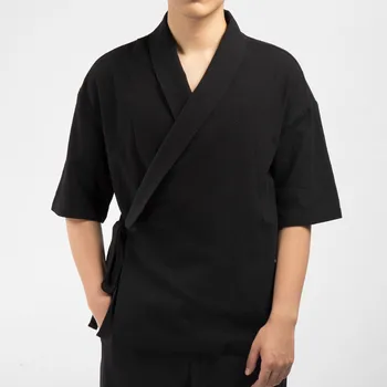 Vyrų Marškinėliai Kimono Japonų Harajuku Shirt Mens Lino Retro Kilmės Streetwear Cardigan Outwear Tradicinė Atvirų Durų Dygsnio Marškinėliai