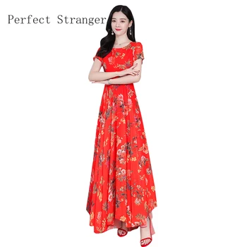2020 Metų Vasaros Naują Atvykimo Bohemiškas Stilius Apvalios Apykaklės Trumpas Rankovės Gėlių Spausdinti Moteris Ilgą Šifono Suknelę