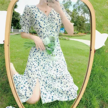 Vasaros Gėlių Suknele Moterys Prancūzijos Vintage Retro Padalinta Suknelė Seksualus Office Lady Atsitiktinis Slim Fit Dizaineris Pasakų Mini Suknelė 2020 Naujas