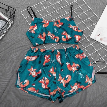 Gyvūnų Spausdinti Pižama Moterims Vasarą Cartoon Mielas Satino Pijamas Seksualus Sleepwear Rankovių V Kaklo Korsetas Namų Tiktų Trumpi