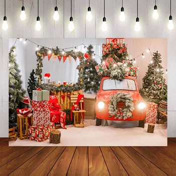 Fotografijos Foną, Žiemos Snaigės Kalėdų Eglutė Raudonas Automobilis Dovana Mirksi Žiburiai Apdailos Backdrops fotostudija