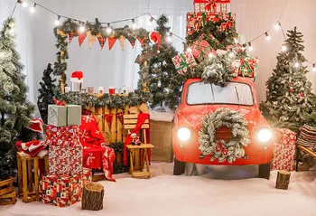 Fotografijos Foną, Žiemos Snaigės Kalėdų Eglutė Raudonas Automobilis Dovana Mirksi Žiburiai Apdailos Backdrops fotostudija