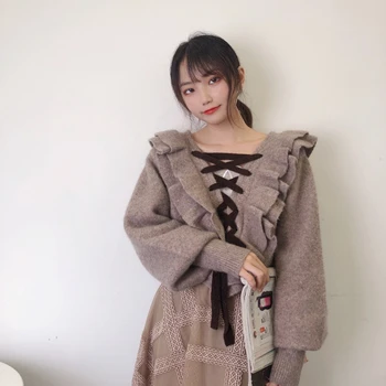 2020 m. rudens ir žiemos nauji moteriški drabužiai Japonijos mielas medienos ausies dirželiai Slim fit priekinis ir galinis megztiniai megztinis megztinis