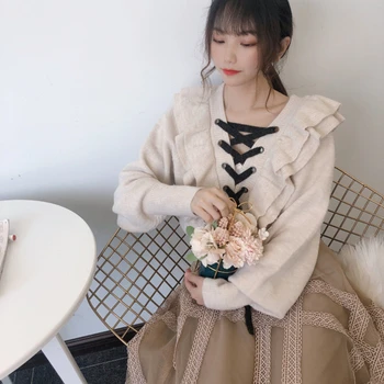 2020 m. rudens ir žiemos nauji moteriški drabužiai Japonijos mielas medienos ausies dirželiai Slim fit priekinis ir galinis megztiniai megztinis megztinis