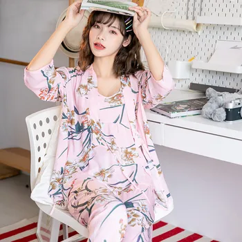Moteris Pajama Nustatyti Diržas Minkšta Pižama 3 Peices Gėlių Spausdinti Sleepwear Moterims ilgomis Rankovėmis Kvėpuojantis Seksualus Apdaras Homewear