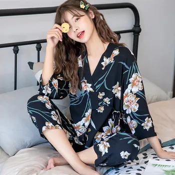 Moteris Pajama Nustatyti Diržas Minkšta Pižama 3 Peices Gėlių Spausdinti Sleepwear Moterims ilgomis Rankovėmis Kvėpuojantis Seksualus Apdaras Homewear