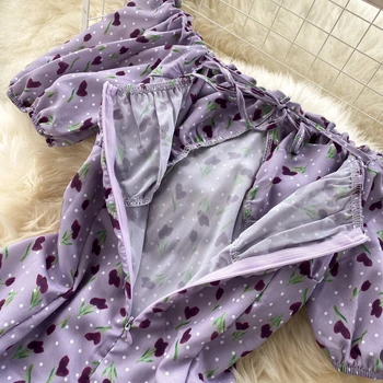 Mados Off Pečių Mini Suknelė Moterims Vasaros Gėlių Spausdinti Violetinė Suknelė Šalis Seksualus Aukšto Juosmens Boho Suknelės, Drabužiai 2021
