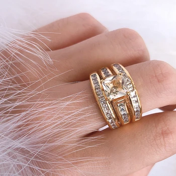 Trijų dalių Kostiumą 14K Aukso Vestuvių Deimanto Žiedas Rinkinys Moterims Anillos Brangakmenio Fine Jewelry Prabangius 14 karatų Auksas Diamond Vestuvių Žiedai
