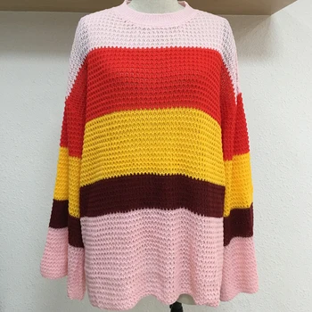 Siskakia Moterų Megztinis Megztinis Ilgas Mados Dryžuotas Vaivorykštės Spalvų Bloko megzti Viršūnes Prarasti Plius Dydis Streetwears Rudenį 2019