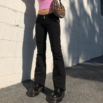 KANCOOL Indie Estetika Slim Mažas Juosmens Flare Kelnės E-girl Derliaus Kišenės Kietas Y2K Kelnes 90-ųjų Mados Juodos Kelnės