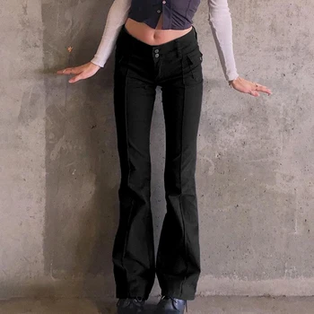 KANCOOL Indie Estetika Slim Mažas Juosmens Flare Kelnės E-girl Derliaus Kišenės Kietas Y2K Kelnes 90-ųjų Mados Juodos Kelnės