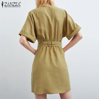 Elegantiškas Marškinėliai Suknelė Moterų Vasaros Sunderss ZANZEA 2021 Atsitiktinis V-Kaklo Mini Vestidos Moterų Mygtuką Tunika Skraiste Diržų Plius Dydis 5XL